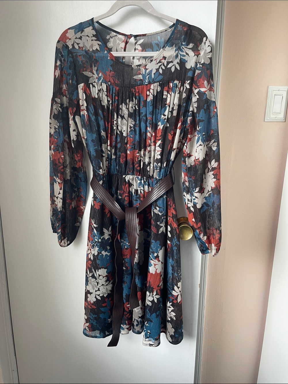 NWT CALVIN KLEIN Floral Long-Sleeve Belted Dress in Blue & Rust SIZE 10